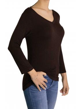 Maglia scollo a V tinta unita con manica 3/4